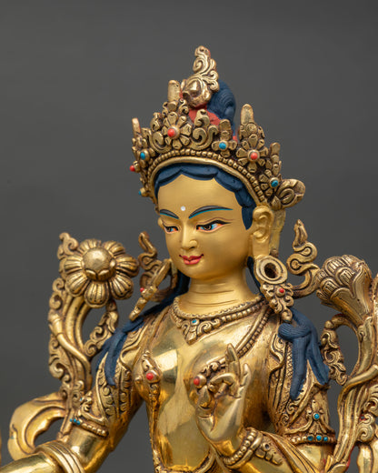 Elegant Green Tara | Gold Gilded Copper Tara Statue