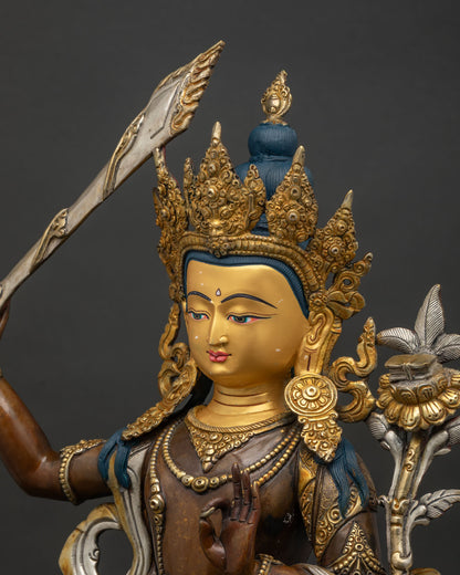 Manjushri Statue from Nepal | Oxidized Copper & Gold Sacred Art