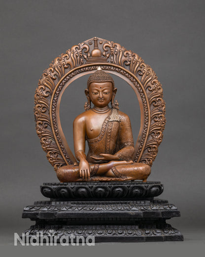 Shakyamuni Buddha statue with halo and monk's bowl on dark wood lotus pedestal