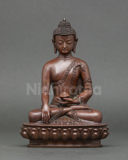 Front view Shakyamuni Buddha statue in oxidized copper, Bhumisparsha mudra