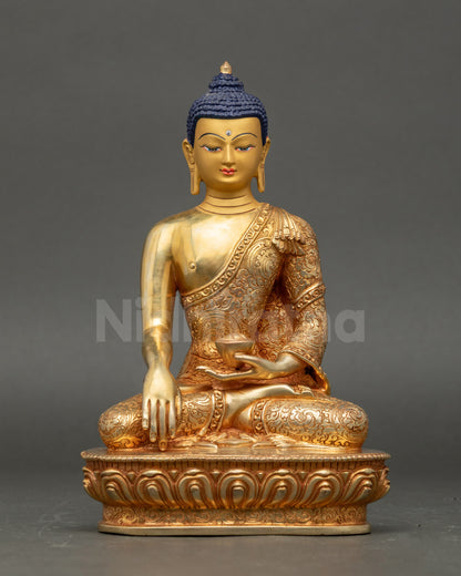 Front view 24K Gold Gautama Buddha sculpture handcrafted by Newari artisan Nepal