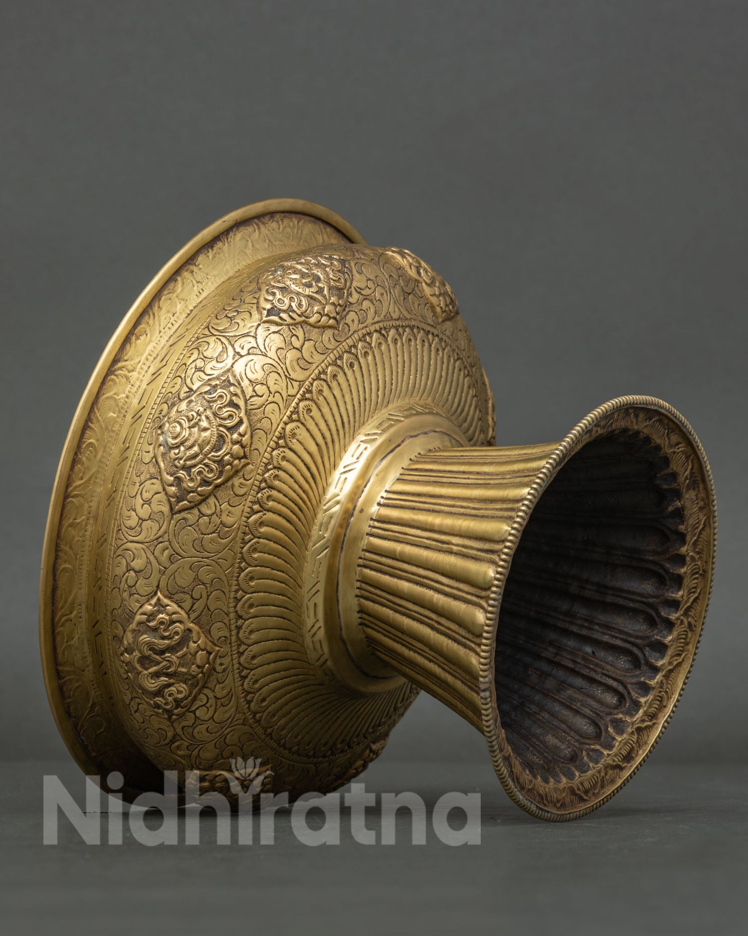Brass Food Offering Bowl engraved with Eight Auspicious Buddhist Symbols