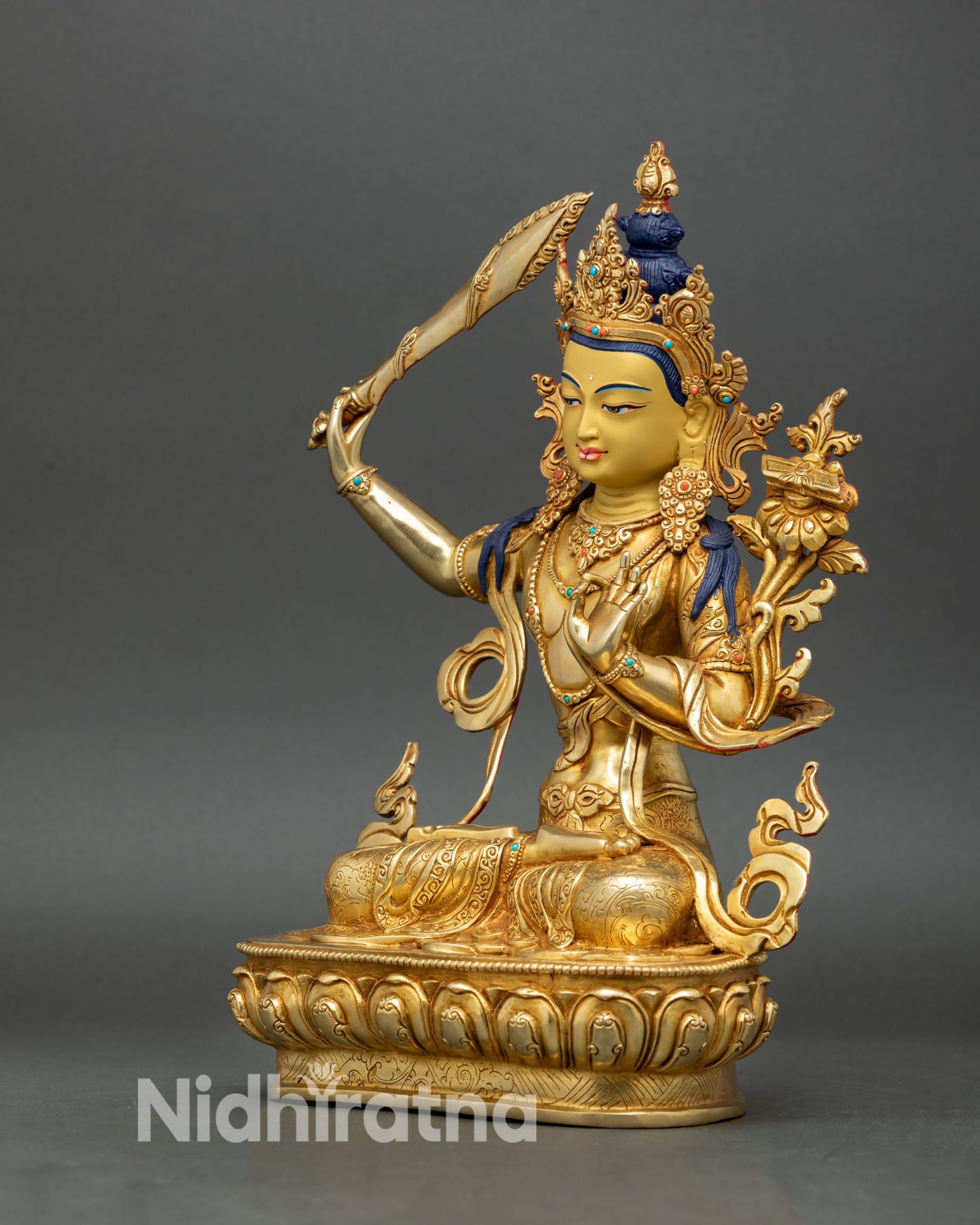 Manjushree Statue from Nepal | Gold Gilded Copper Artwork