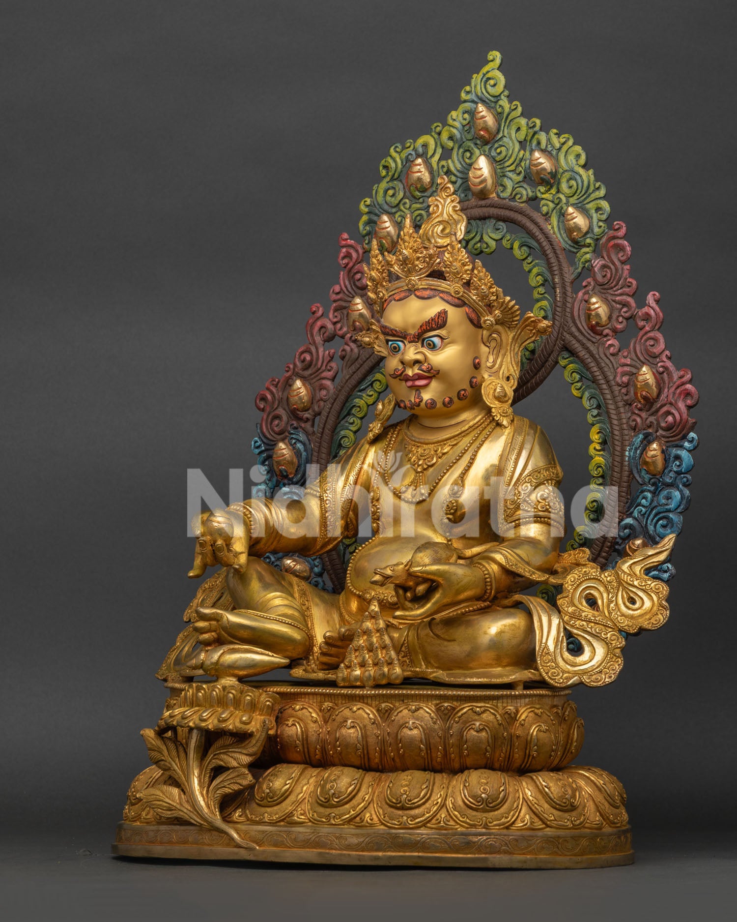 Left View of Authentic Dzambhala Statue with Intricate Fire-Gilded Details