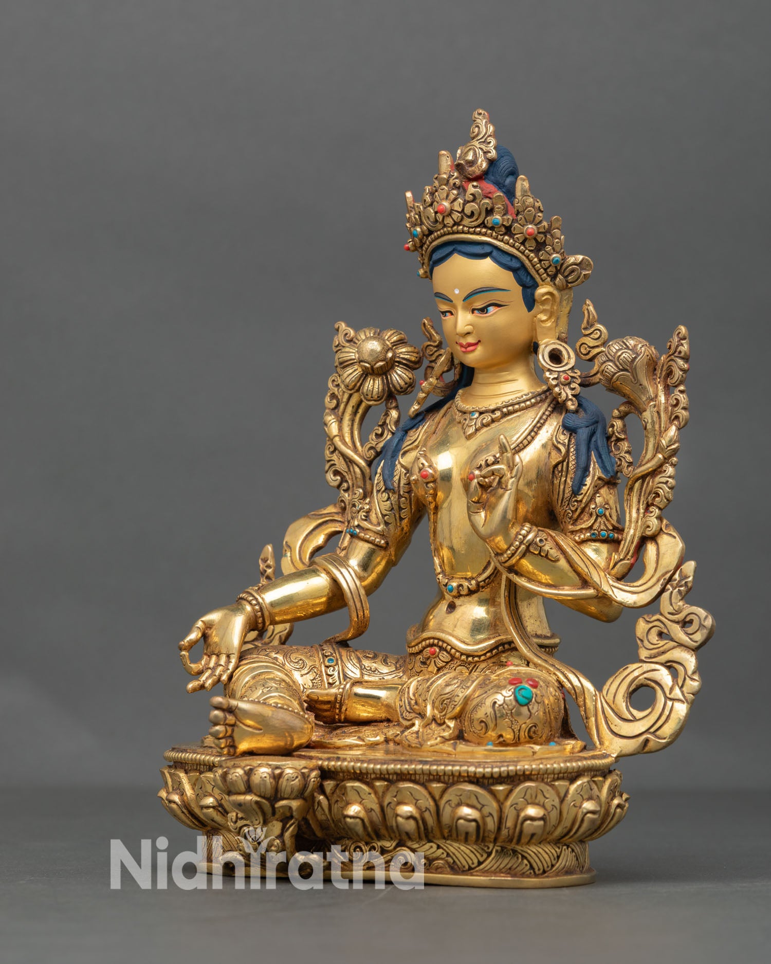 Elegant Green Tara | Gold Gilded Copper Tara Statue