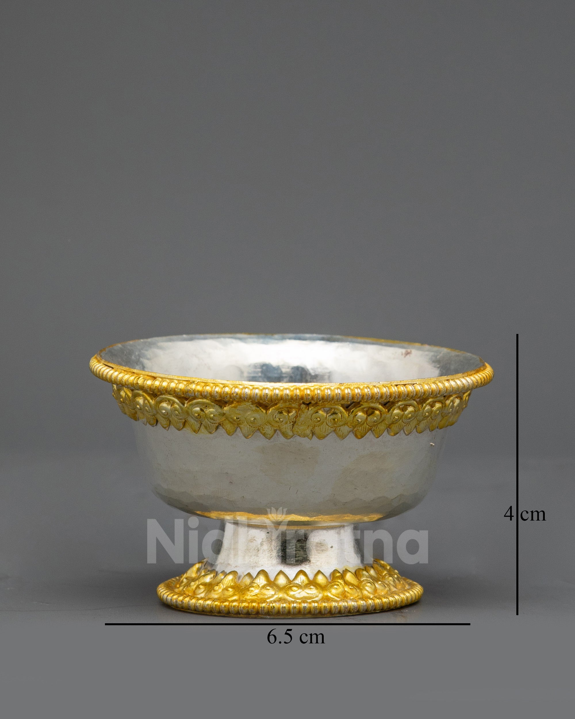 Back view set of seven Tibetan Water Offering Bowls, traditional Himalayan altar accessory