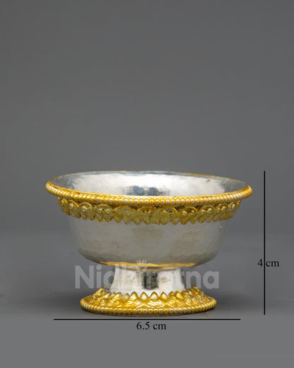 Back view set of seven Tibetan Water Offering Bowls, traditional Himalayan altar accessory
