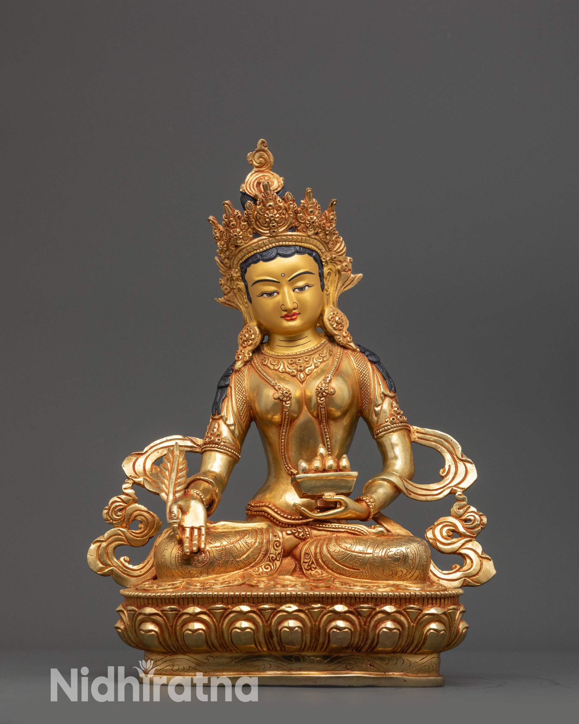 Front view Gold-Gilded Ksitigarbha Statue on lotus seat with crown and robes

