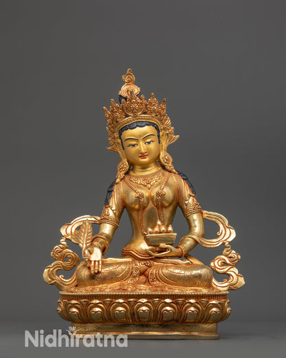 Front view Gold-Gilded Ksitigarbha Statue on lotus seat with crown and robes
