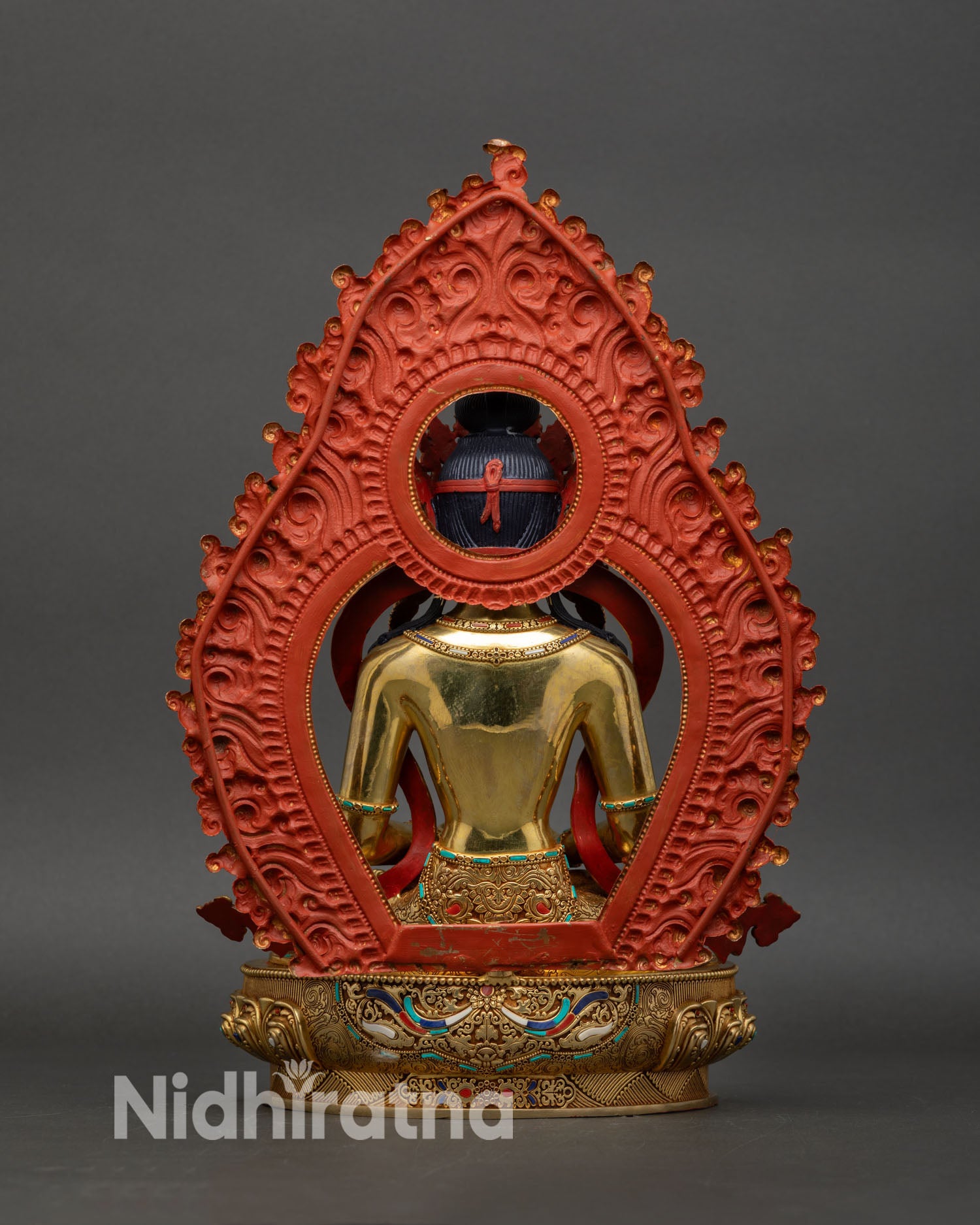 Amitayus back view ornate carved halo lotus base handmade Nepal statue devotional Buddhist altar sculpture