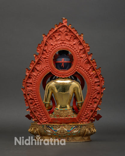 Amitayus back view ornate carved halo lotus base handmade Nepal statue devotional Buddhist altar sculpture