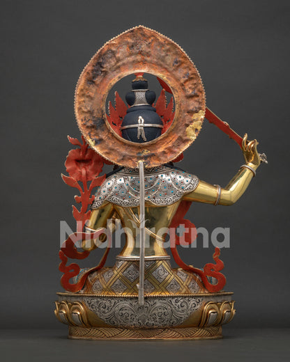 Back view of Manjushri Statue with detailed halo engraving and traditional Newari craftsmanship