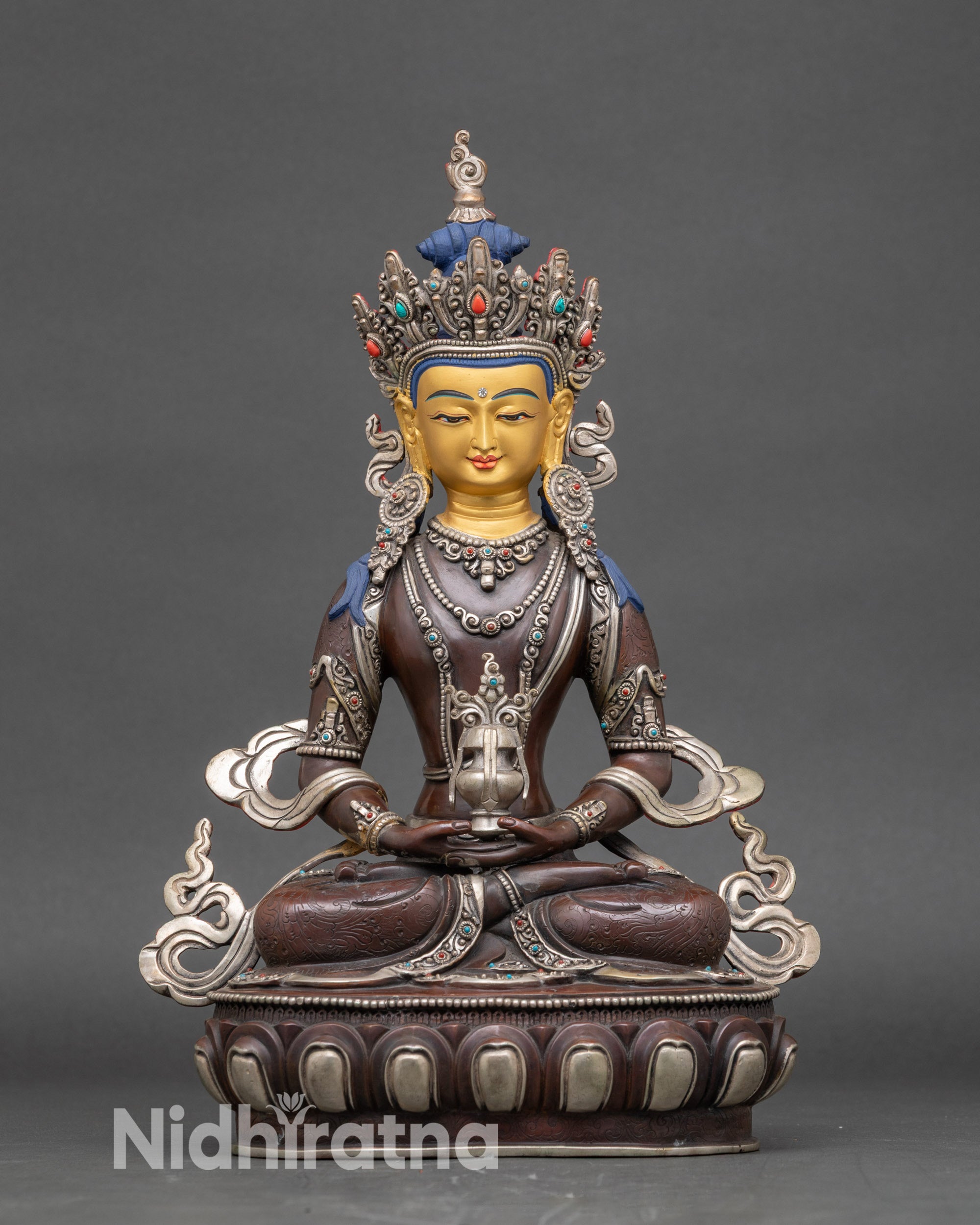 Amitayus Meditation Statue handcrafted by Newari artisan, silver-plated with 24K gold face and semi-precious stones