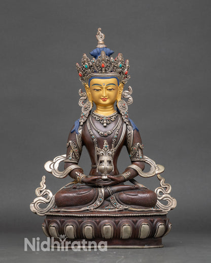 Amitayus Meditation Statue handcrafted by Newari artisan, silver-plated with 24K gold face and semi-precious stones