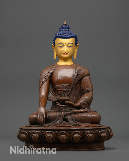 Tibetan Shakyamuni Buddha Statue – Oxidized Copper with Gold Face