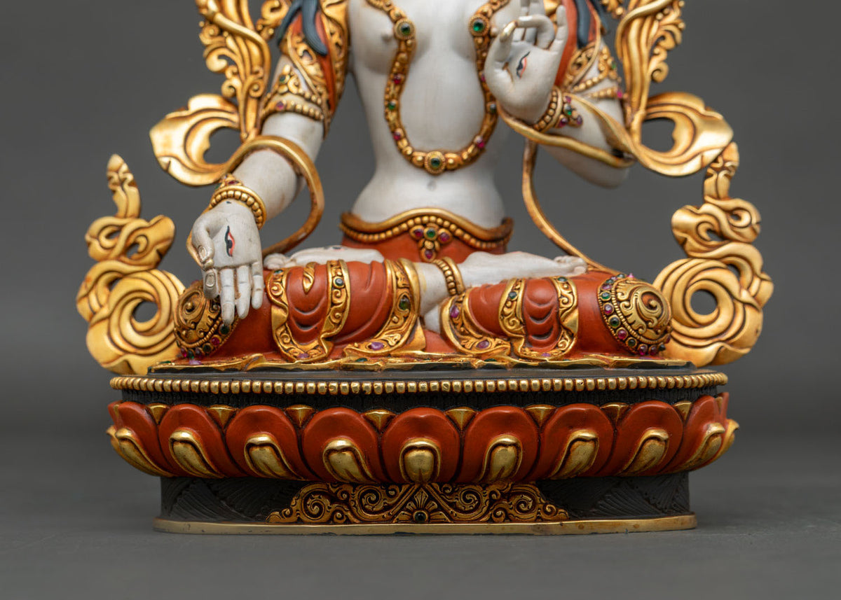 Hand-Painted White Tara Statue – Seven-Eyed Longevity Goddess Icon