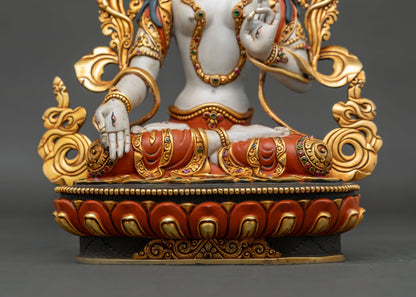 Hand-Painted White Tara Statue – Seven-Eyed Longevity Goddess Icon