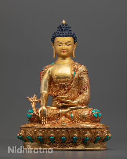 24k Fire Gold Gilded Medicine Buddha (Vaidurya Prabha Raja) statue