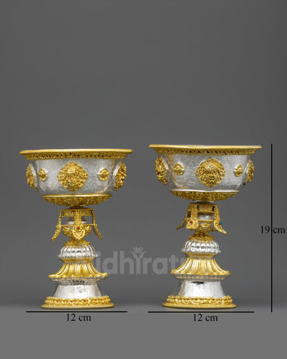 Front view Himalayan Butter Lamp Set with gold & silver plating for altar display