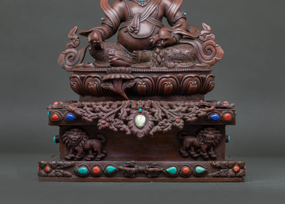 Dzambhala In Ornate Throne Statue | Brown Oxidized Copper Sculpture