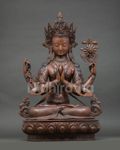 Four-Armed Chenrezig Statue | Oxidized Copper Sculpture