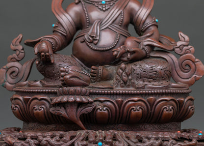 Dzambhala In Ornate Throne Statue | Brown Oxidized Copper Sculpture