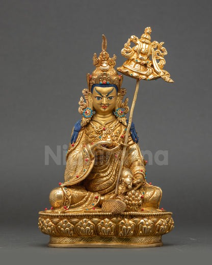 Front view Guru Norlha Statue, gold-gilded copper wealth deity on lotus throne
