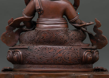 Dzambhala In Ornate Throne Statue | Brown Oxidized Copper Sculpture