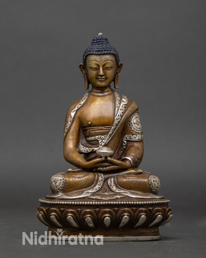 Handmade Amitabha Buddha statue from Nepal, silver-plated and lotus seated