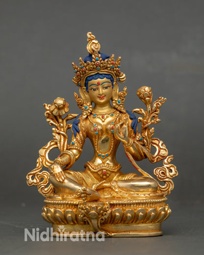 Front view Green Tara sculpture, 24K gold-gilded copper with semi-precious stones, Nepal