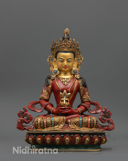 Red Hued Amitayus Buddha statue front view with gold-plated face and red-painted body