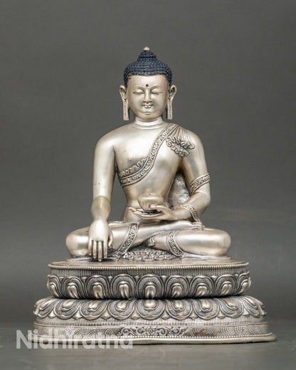 Shakyamuni Buddha statue handcrafted in Patan, Nepal with silver-plated copper