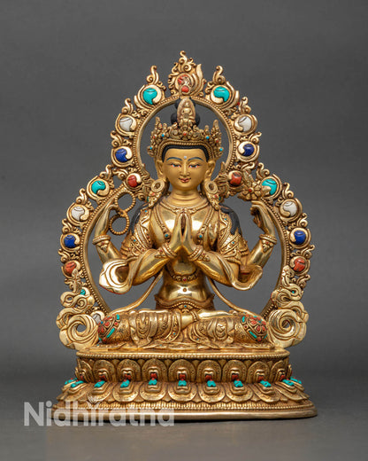 Front view 4-armed Chenrezig statue Nepalese copper gold turquoise coral lotus pedestal