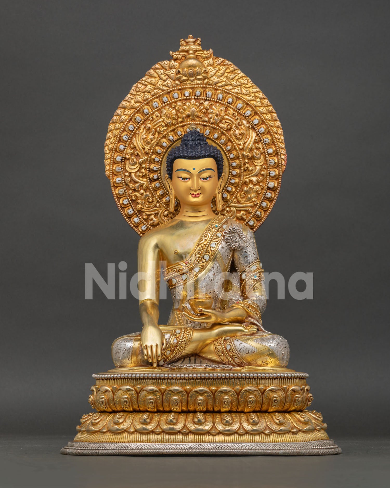 Shakyamuni Buddha Statue with Ornate Halo | Buddhist Art