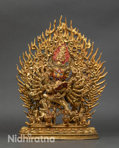 ront view Yamantaka Buddha statue, handcrafted Nepalese copper with gold-painted face