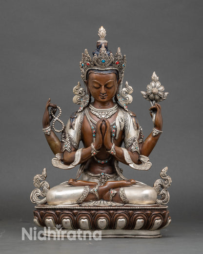 Front view Chenrezig statue – handcrafted copper Avalokiteshvara with silver-plated finish