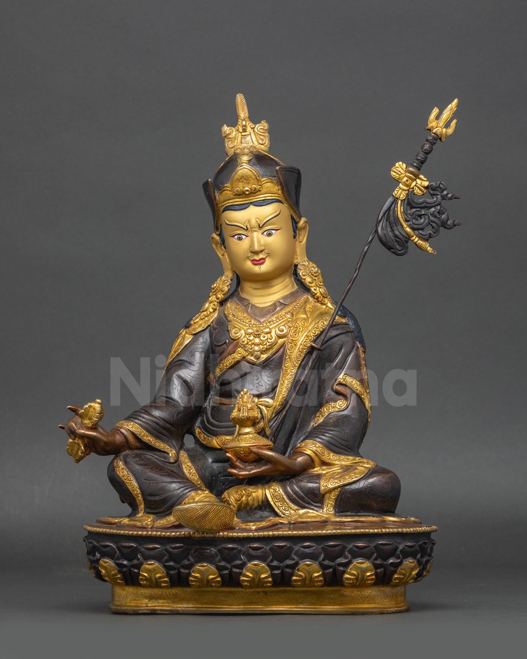 Guru Rinpoche statue Nepalese handcrafted gold-gilded copper Buddhist decor