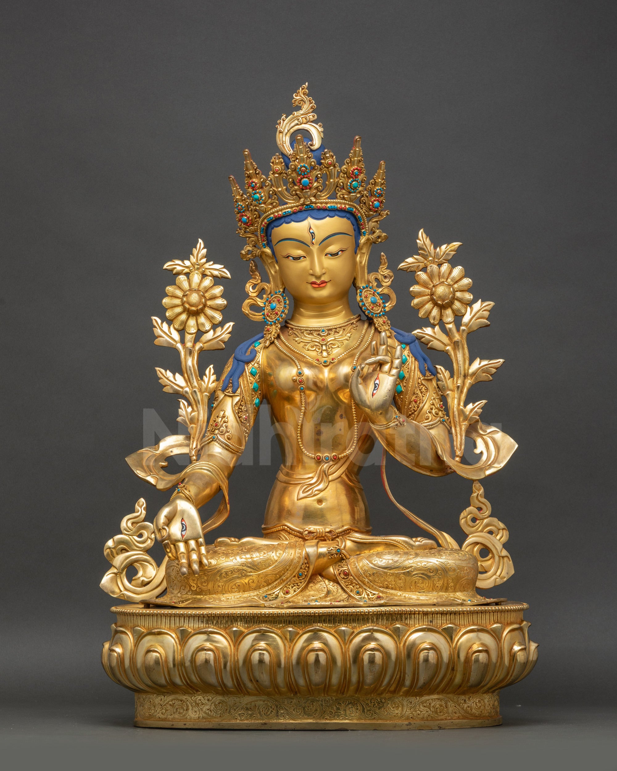 White Tara statue gold-gilded copper Buddhist artwork from Nepal