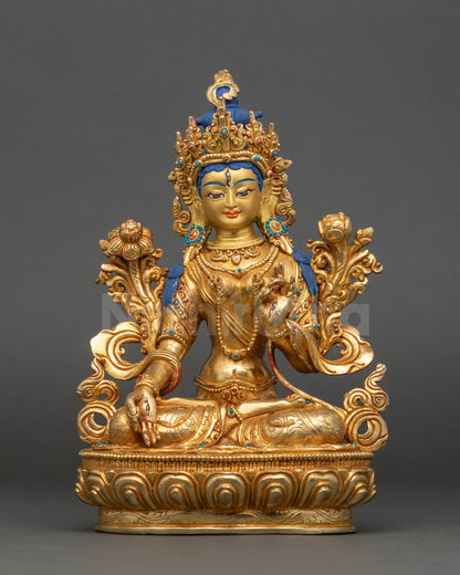 Front view White Tara statue gold-gilded copper with coral turquoise Nepal