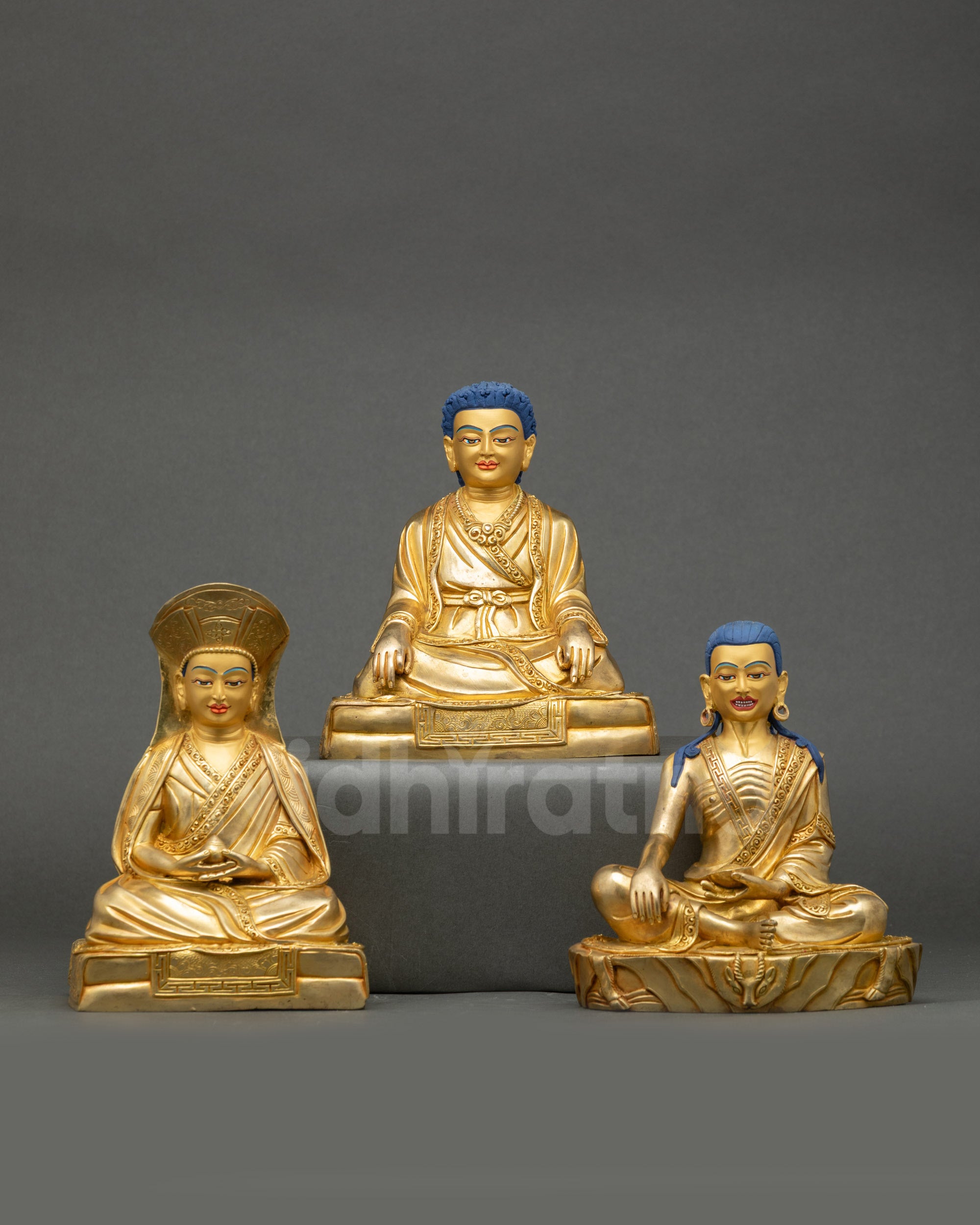Front view Tibetan trio set Marpa Milarepa Gampopa statues, gold-gilded copper Buddhist art