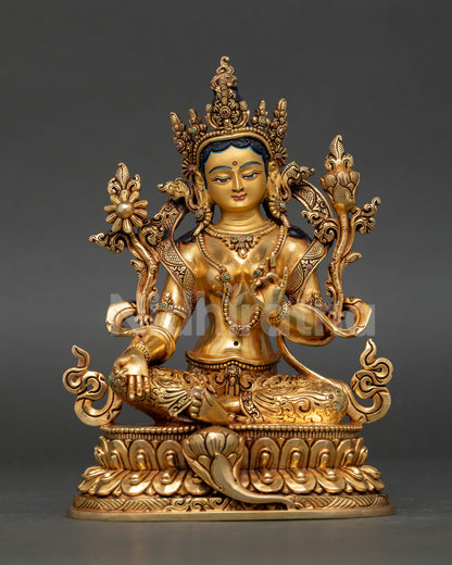 front view of green tara statue, copper body with 24k gold gilding, nepalese buddhist altar sculpture