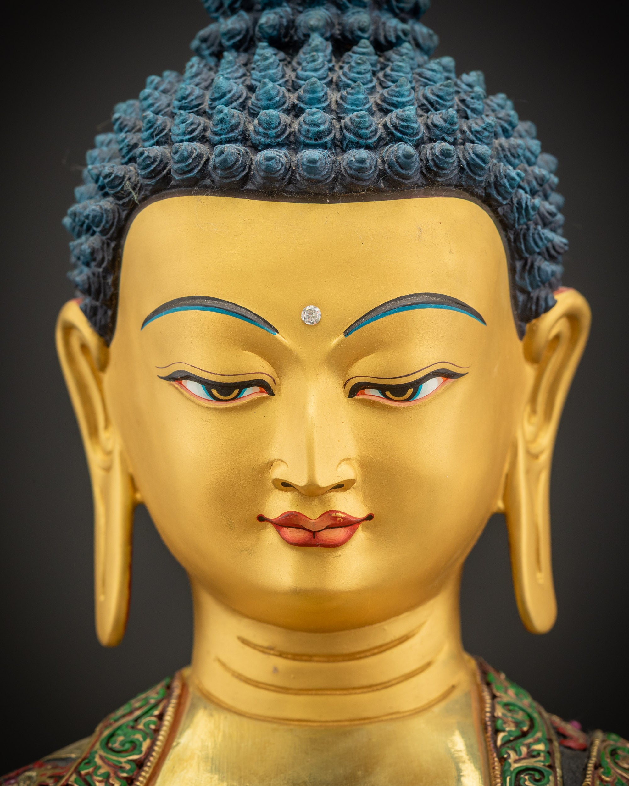 Detailed close-up of Medicine Buddha Statue Face Hand-Painted with Halo and Grace