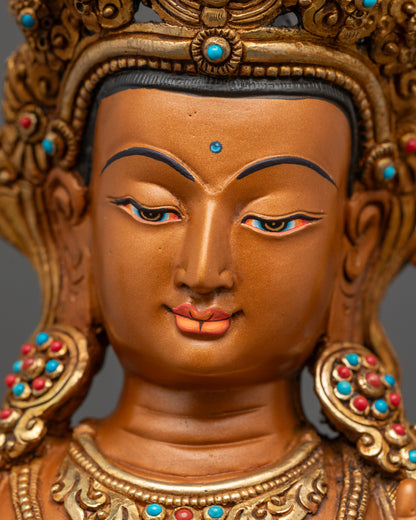 Face close up of serene Manjushri Bodhisattva with peaceful, tranquil expression
