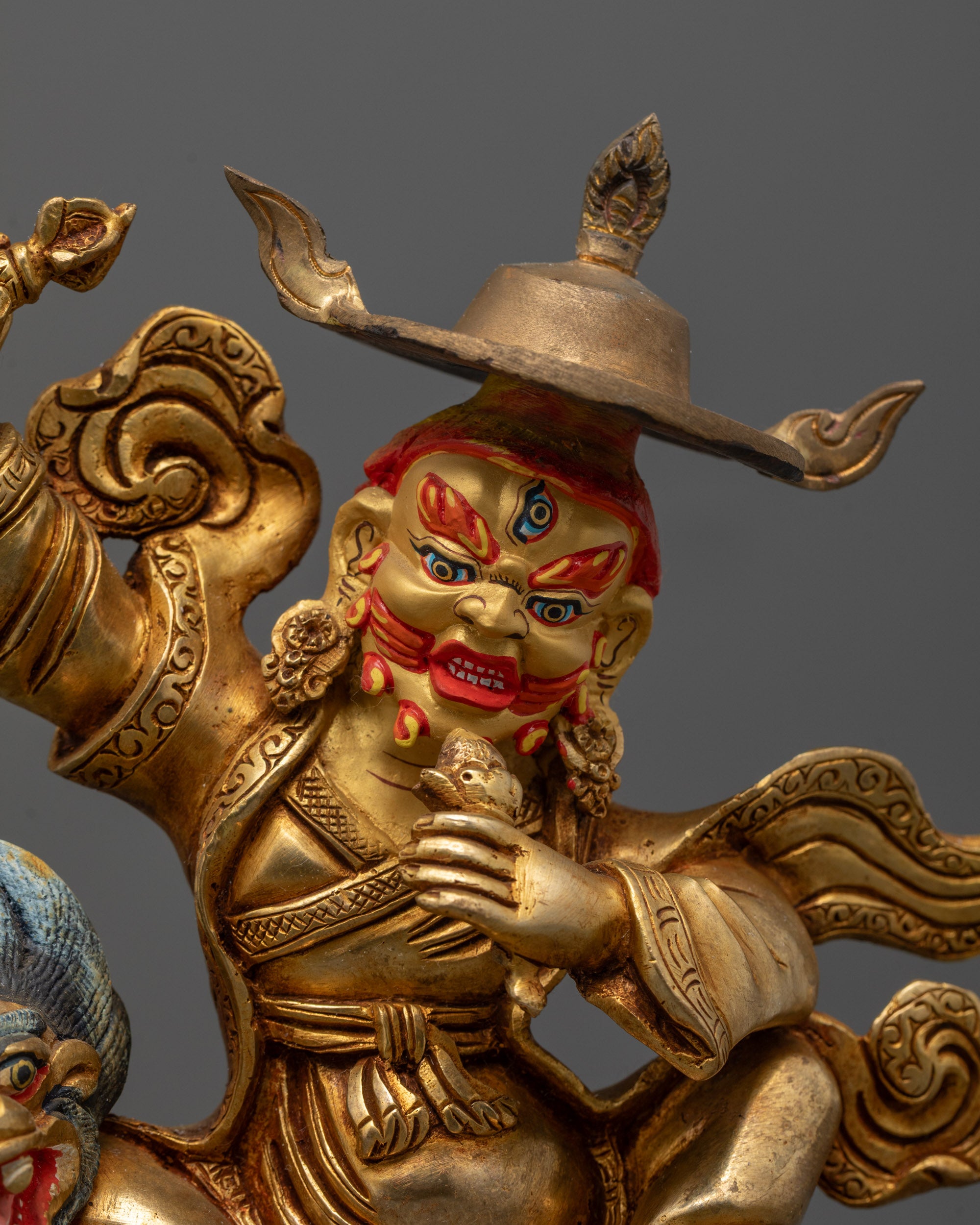 Fierce Tibetan Protector Dorje Legpa Sculpture with Radiant Halo