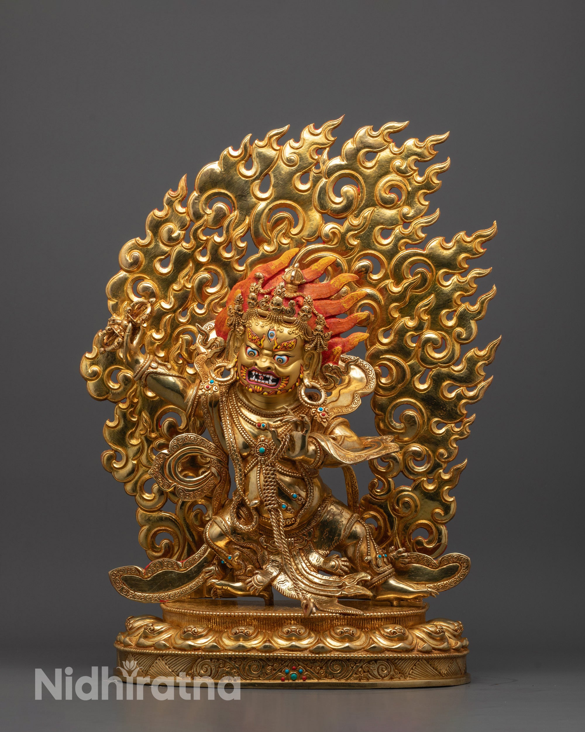 Fierce Vajrapani Statue front view with gold gilding and gemstone details