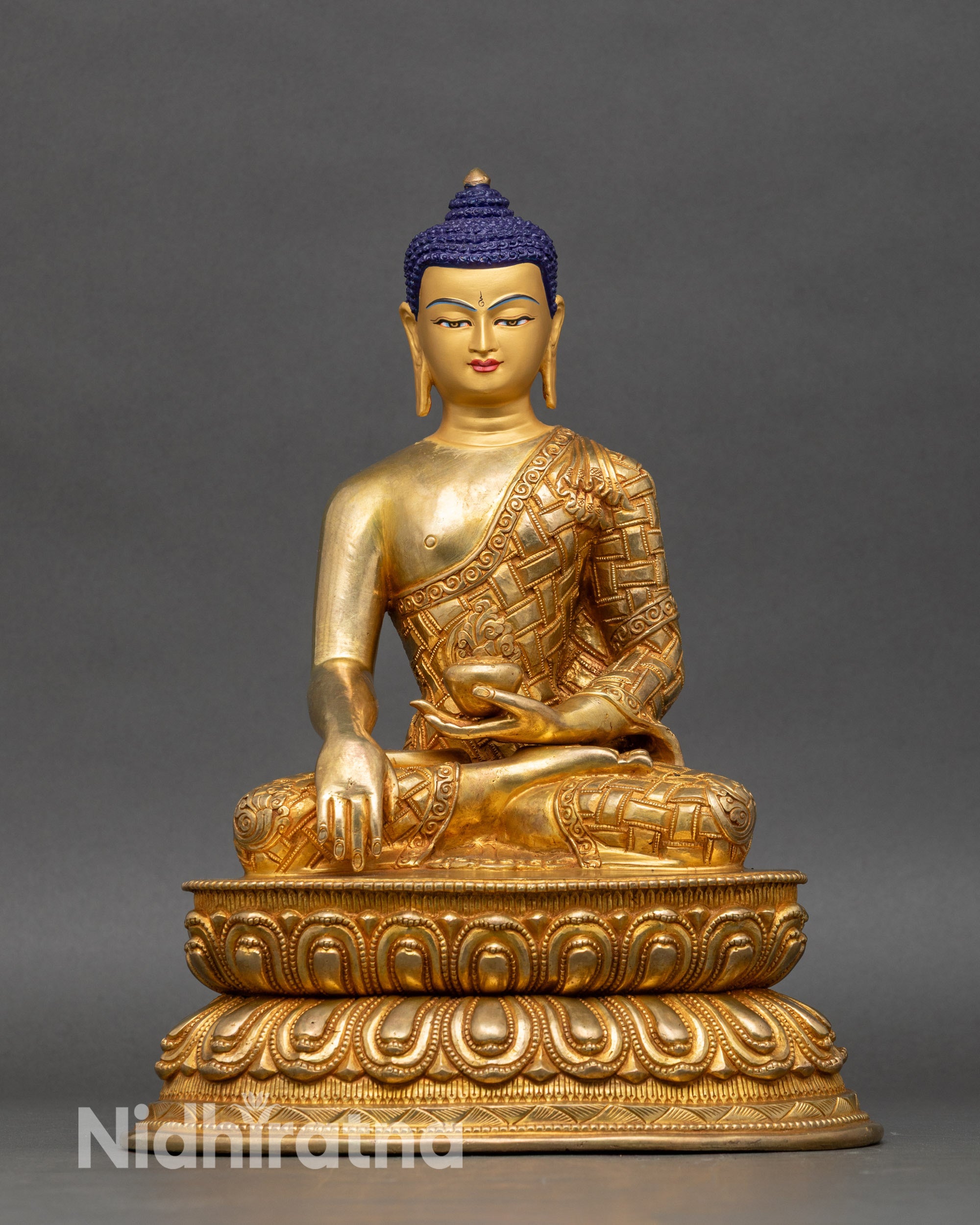 Fire-gilded Shakyamuni Buddha statue, handcrafted Nepalese copper, seated meditation altar sculpture