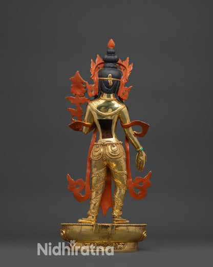 Fire-gilded Standing Chenrezig copper statue semi-precious stones flowing robe