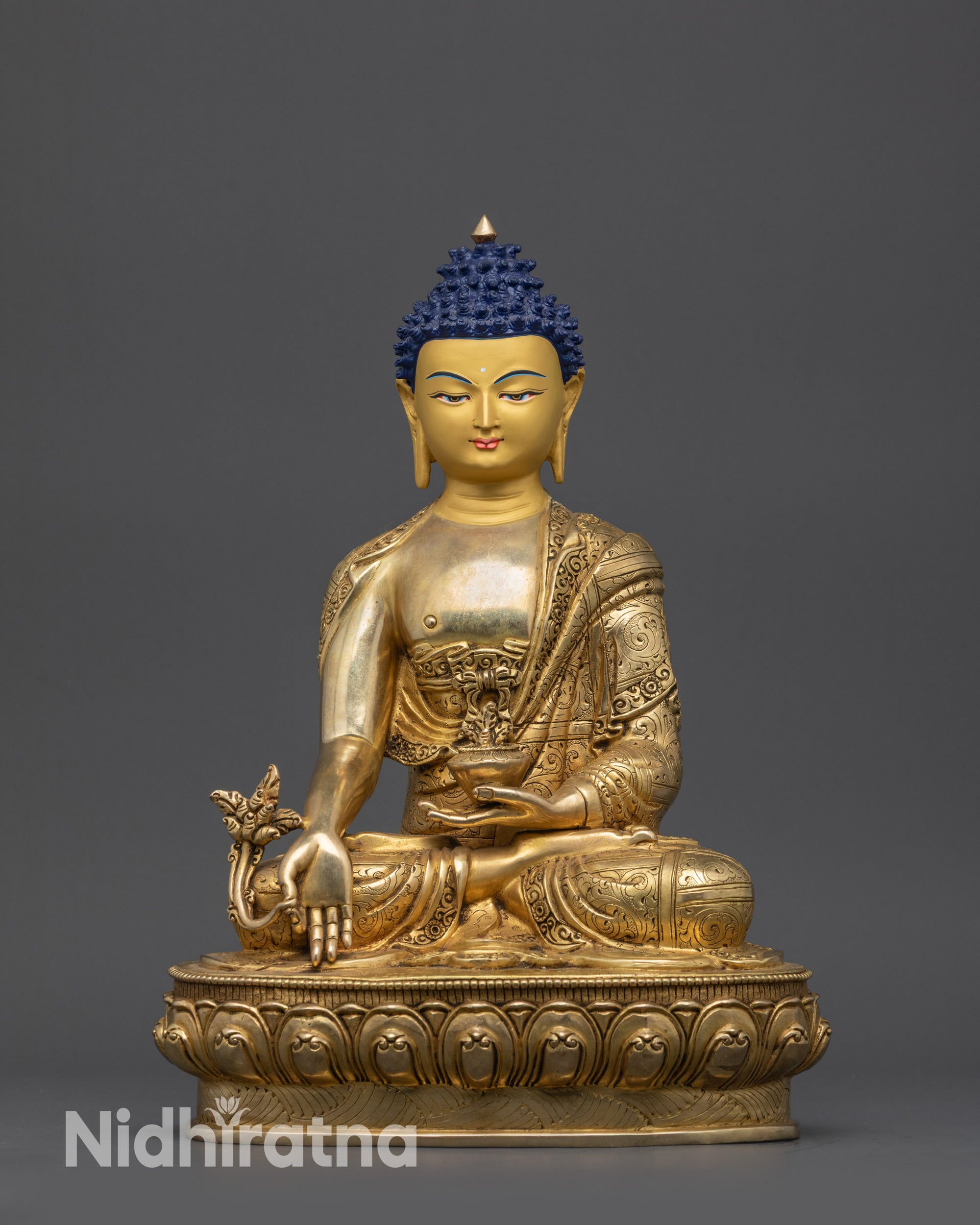Fire Gold-Gilded Bhaisajyaguru Medicine Buddha Statue Handmade in Nepal