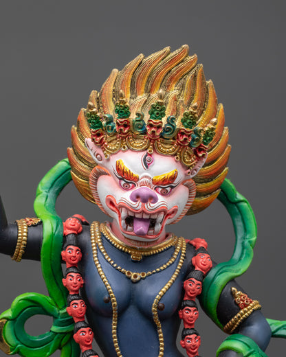 Flowing green robe and tiger skin lower garment of handcrafted Simha Mukha Statue