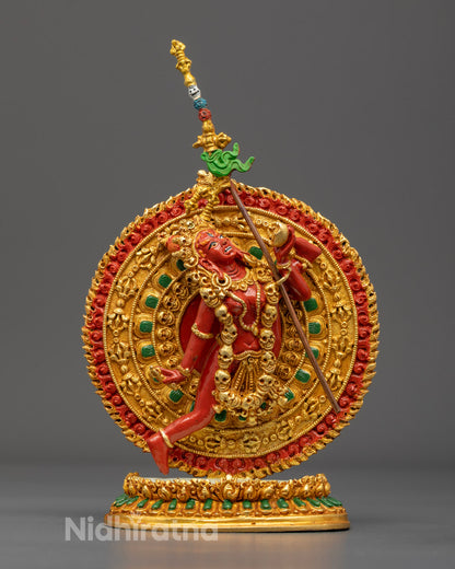 Flying Vajrayogini statue in 24k gold-gilded copper with vibrant multi-color acrylic detailing, depicting dynamic feminine energy in flight.